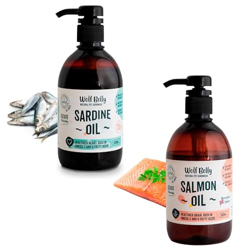Wolf Belly - Pack Aceite de Sardina y Aceite de Salmón Natural (1l Total) | Omega 3 y 6, EPA y DHA | Piel Sana y Pelaje Brillante | Articulaciones Fuertes |para Perros y Gatos - Producido en UE