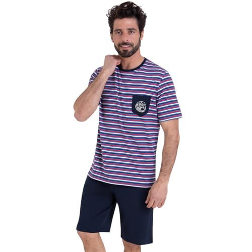 Pyjama Court Col Rond Homme Rayures Waves Athena Multicolore En Coton-image