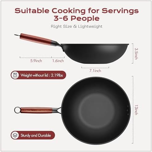 Carbon Steel Wok 13-Inch Wok Pan with Glass Cover Silicone Spatula, Non-Stick Surface Woks & Stir-Fry Pans Pre-Seasoned Chinese Wok Pan for Induction, Electric, Gas Stoves Cooking - Thumbnail 5