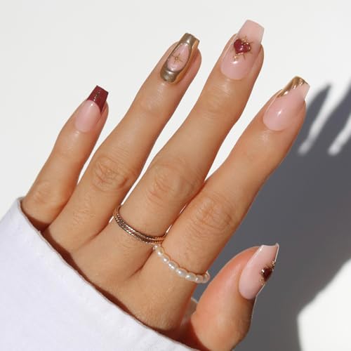Glamnetic Press On Nails - Queen of Hearts | Medium Coffin Fake Nails with a Sheer Base 3D Gold Metallic Designs and Deep Red French Tips | 15 Sizes - 30 Nail Kit with Glue