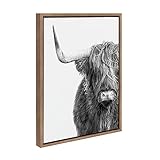 Kate and Laurel Sylvie B&W Highland Cow No. 1 Framed Canvas Wall Art by Amy Peterson Art Studio; 18x24 Gold; Black and White Animal Portrait Art