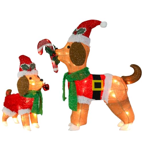 Afirst Christmas Dog Lighted Decorations, 2 Pack Lighted Up Xmas Dog Outdoor Lighted Holiday Displays Gift for Home Garden Party Yard Porch Decor