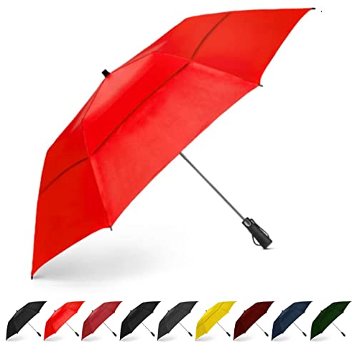 EEZ-Y Parapluie de golf pliable de 147,3 cm, coupe-vent à double auvent extra large– ouverture automatique solide, compacte et portable (Rouge)