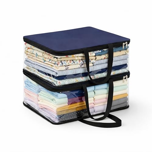 Image of CRASOME Clothes Storage Bags with Handle | Saree Bags /Covers with Zip | Wardrobe Organizer for Cloth, Shirts, Salwar Suit, Lehenga, Bedsheets | Transparent Window | Cloth Organiser (STB-MT-BLU-PACK-2)