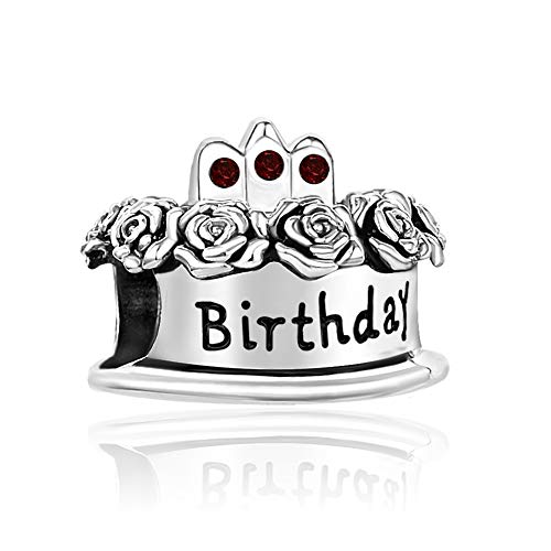 Image of Birthstones Happy Birthday Cake Charms Compatible with Pandora Charms Moments Bracelets Candle Crown Celebration Beads