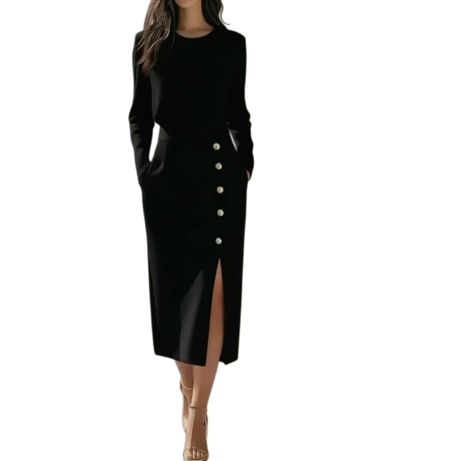 Vestito Donne Midi Abito Collo Rotondo Manica Lunga Bodycon Oro Bottoni Vita Cravatta Lato Fensura Elegante Lavoro Ufficio Usura Formale-Black-XXL