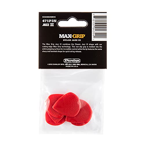 Palheta de guitarra Dunlop 471P3N Max Grip Jazz III, vermelho, pacote com 6