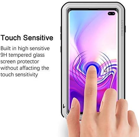 LOVE MEI Military Rugged Case for Samsung Galaxy S10 Plus, with Tempered Glass Screen Protector, Shockproof Dustproof Scratch Proof Hybrid Metal and Silicone Gel Heavy Duty Full Body Cover Silver