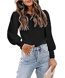 GRMLRPT Damen Bluse Langarm Herbst Rundhals Pullover Einfarbig Elegant Langarmshirts Casual Oberteile Tops Puffärmel Tunika T-Shirt(Schwarz,S)