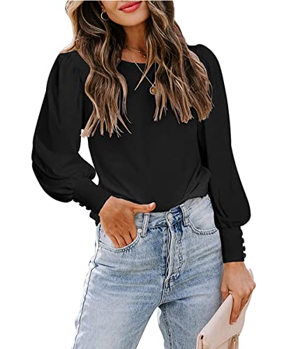 GRMLRPT Blusas para Mujer Color Sólido Casual Camisetas de Manga Larga para Mujer Tops Cuello Redondo Túnica Tops Mangas Abullonadas(Negro,XL) Cover
