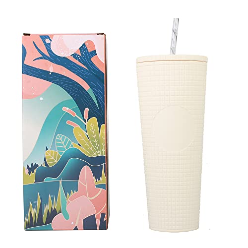 DREAMING MY DREAM 24Oz Grid Cup 100% BPA Frre Studded Disco Bling Cup Matte Black Tumbler With Lid and Straw Large Cold Water Cups (Matte Ivory)