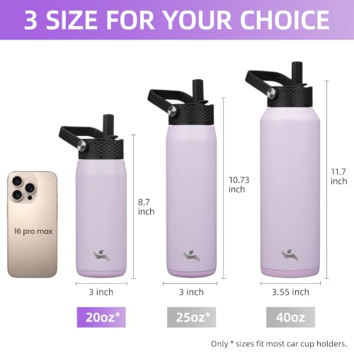 Image of Konokyo 20oz Insulated Stainless Steel Water Bottle with 3 Lids, Leakproof BPA-Free Bottle with Straw Lid, Sip Lid and Flex Cap for Gym, Travel, School, Office, Taro Purple