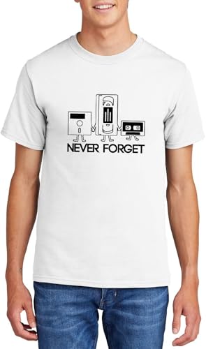 Men's Heavyweight Tee Never Forget Funny Shirt Floppy Disc VHS Cassette Tech Geek Tee White XL