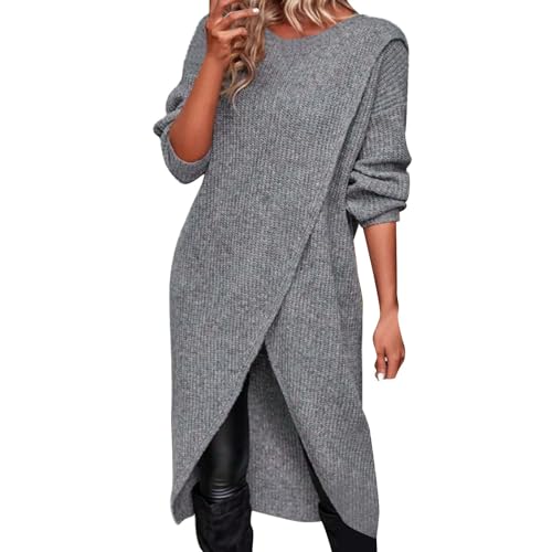 Generisch Vestido de jersey para mujer, informal, vestido de punto, monocolor, térmico, invierno, túnica, de punto, midi de manga larga, vestido de individualidad, sencillez, asimétrico, vestido de
