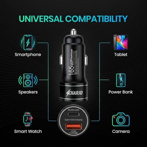 Image of 165W Black Car Charger Fast Charging 120W SuperVOOC & 45W PD Dual Port Car Charger Type C and Usb A Charging with 3 in 1 Grey Cable Fast Charging Premium Car Mobile Charger for Laptops & Phones