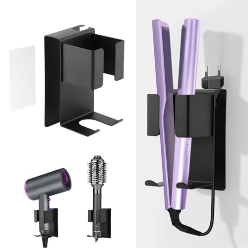 Hair Straightener Holder Wall Mount Stainless Steel Blow Dryer and Curling Iron Holder Adhesive Bathroom Hair Tools Organizer and Storage for Styler Attachments(Color:Black)