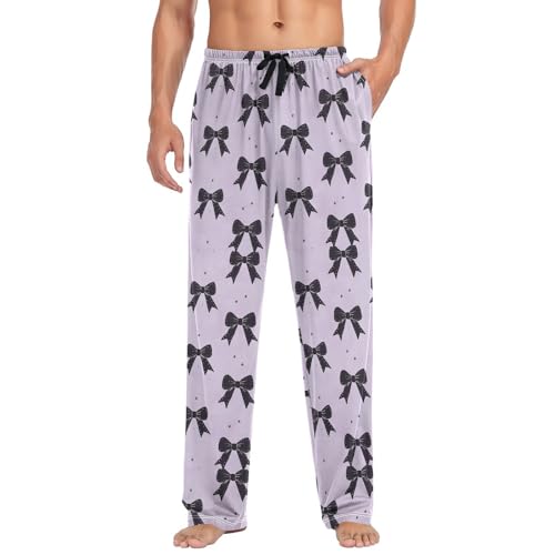 Men’s Black Bows Pajama Pants with Pockets, Comfortable Lounge Sleep Bottoms#5533