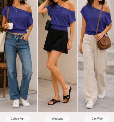 Image of SOFIA'S CHOICE Women's Off The Shoulder T Shirt Crop Top Casual Summer Dolman Sleeve Asymmetrical Cinched Waist Tops