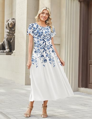 Image of Zeagoo Summer Dresses for Women 2026 Maxi Bohemian Floral Short Sleeve Long Dress Casual Flowy Tired Beach Sundress
