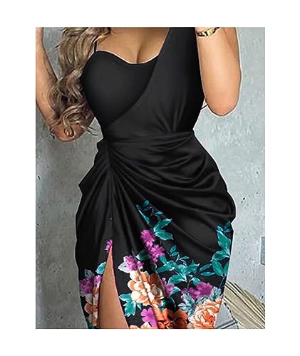 Image of xxxiticat Women's Ruched Midi Dress Sleeveless Spaghetti Straps One Shoulder Asymmetric High Split Slip Party Dress