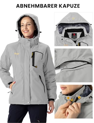 donhobo Damen Softshelljacke Winddicht Wasserabweisende Outdoorjacke Winter Warme Gefüttert Skijacke Wanderjacke mit Kapuze (Hellgrau, XXL)