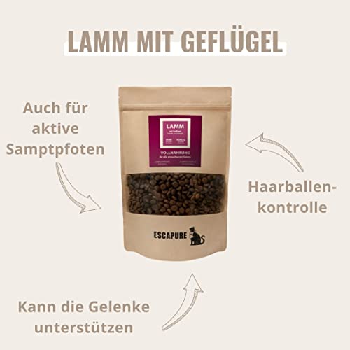 Escapure Katzen Trockenfutter Beutel | Lamm mit Gefügel Trockenfutter in Premium Qualität | 600g | mit Reis und Vollei