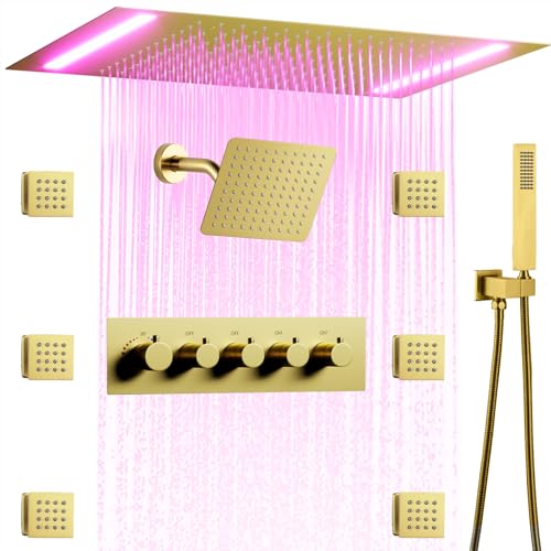 Sistema de Ducha Termostático Inteligente 14 X 20 Pulgadas Cabezal de Ducha LED de Lluvia para Techo, Mezcladora para Baño, Set con Jet Corporal en Bronce Cepillado miniatura 1