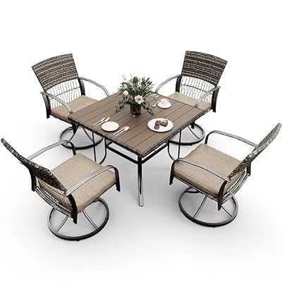 Pamapic 5 Piece Patio Dining Set for 4,Wicker Outdoor Furniture Set for Backyard Garden Deck Poolside with Square Plastic-Wood Table Top,4 Cushions Swivel Rocker Chairs,Removable Cushions(Beige)