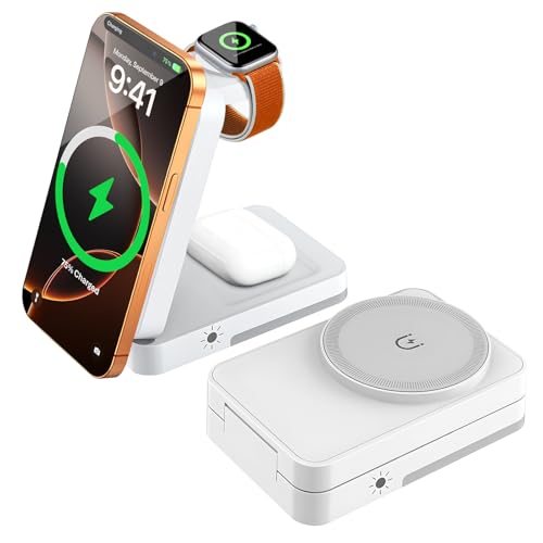 Stazione di ricarica a induzione 3 in 1, compatibile con Apple Watch, iPhone e AirPods Pro. Il caricabatterie ultra portatile MagSafe è adatto per iPhone serie 16/15/14/13/12 (bianco).