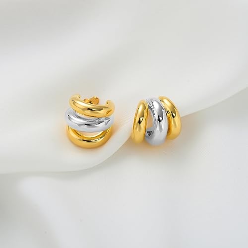 Silver and Gold Triple Hoops Earrings for Women Trendy Two Tone Hoop 18K Chunky Gold Earrings3