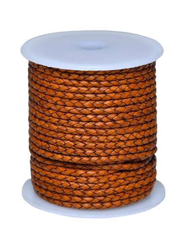 Cords Essentials Round Braided Genuine Leather String Bolo Cord, Rope for Jewelry Making, Necklaces, Bracelets, Wraps, Crafts and Hobby Projects (Distressed Tan, 3 MM 5.46 Yards = 5 MTR Spool)
