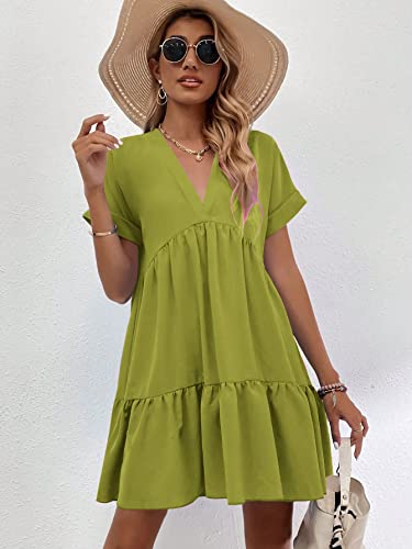 Image of WDIRARA Women's Roll Up Short Sleeve V Neck Ruffle Hem Solid Swing Smock Dress