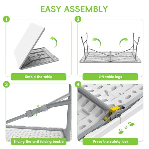 HLPB Folding Table Picnic Table Set, 6 ft Camping Table with 2 Benches, Outdoor Indoor Portable Folding Furniture for Working Meeting Party, Camping, Picnic, Weddings w/Handle and Safety Locks, White