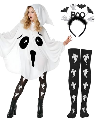 Photo de Asekonc Costume de fantôme Helloween pour femme, poncho fantôme effrayant pour adulte, costume de fantômes blancs, cape à capuche, bandeau, bas pour Halloween, accessoires de jeu de rôle