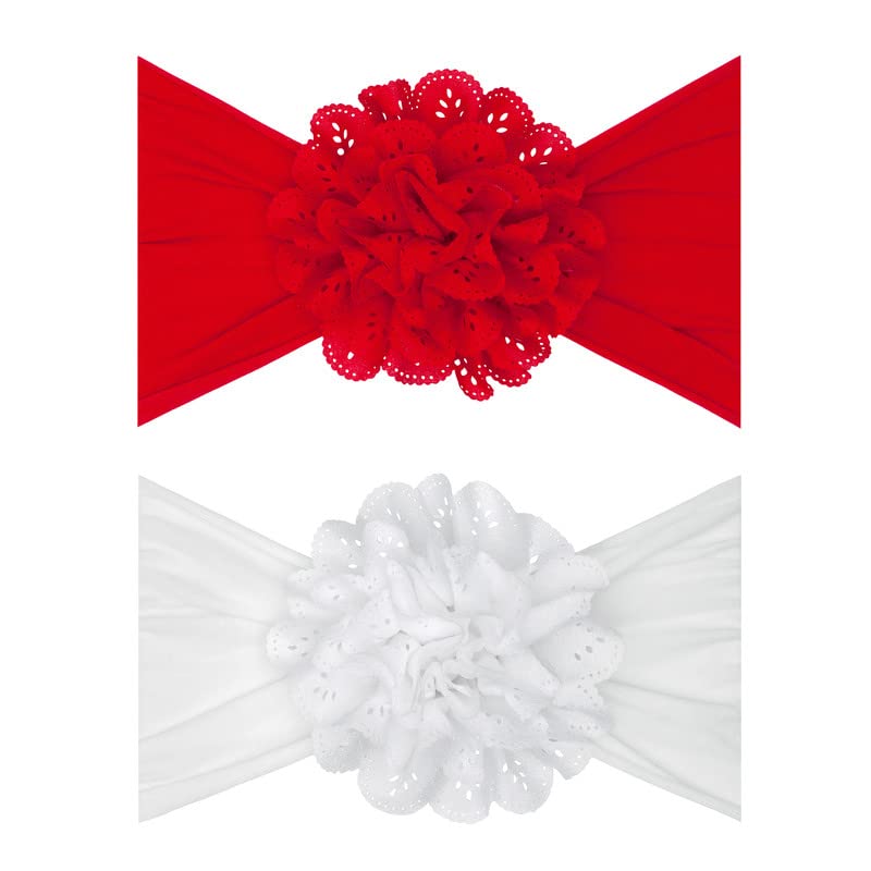 Baby Bling Bows Newborn to Little Girls Hair Bow - EYELET FLOWER HEADBANDS Toddlers Hair Accessories, Made in the USA, One Size (2 Pack Red & White)2