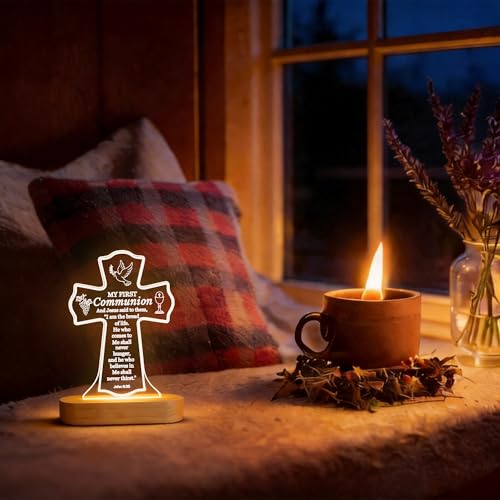 Image of Attivolife First Communion Gift for Girls Boys, LED Night Light with Wooden Base, Jesus Bible Verse Night Light I am the Bread of Life, Religious Gifts for Kid Catholic Christian Baptism Table Decor