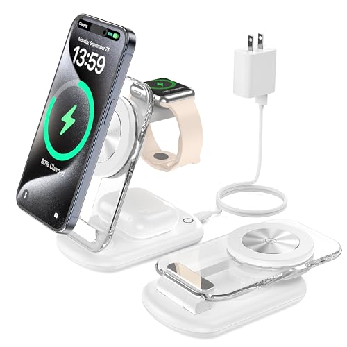 3 in 1 Wireless Charging Station for Mag-Safe, Foldable Adjustable Magnetic Wireless Charger, Travel Mag-Safe Charger Stand with Light for iPhone 15/14/13/12 Series, AirPods 3/2/Pro, Apple Watch