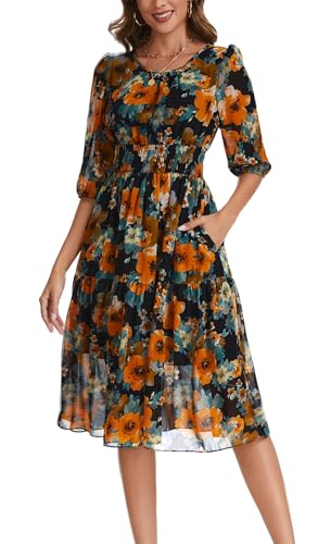 Image of Kormei Women Casual Boho Floral Round Neck 3 /4 Sleeve Smocked Waist Tiered A Line Flowy Swing Midi Dress Long Dresses