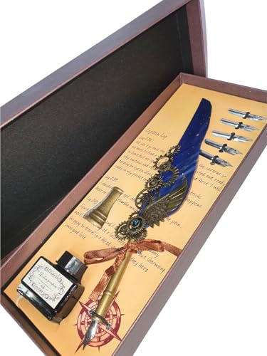 Kit Caneta Tinteiro Pena Engrenagem Azul