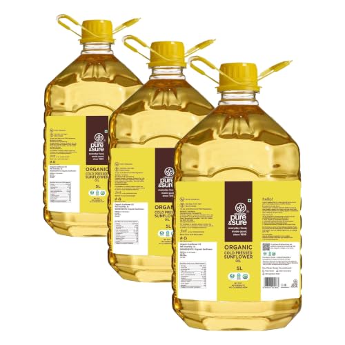 Image of Pure & Sure Organic Cold Pressed Sunflower Oil 5L | For Cooking | Extracted on Wooden Churner | Nutrient Rich & Chemical Free (Pack of 3)