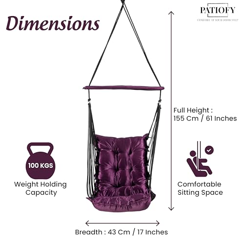 Image of Patiofy Jhula for Balcony /Swing for Balcony for Adult /Jhoola for Home /Wooden Swing Indoor /Hammock /Suitable for Indoor & Outdoor / 120Kgs Weight Bearing Capacity (Purple)