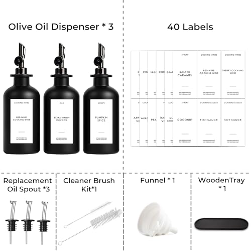 3PCS Olive Oil Dispenser Bottle For Kitchen, Soy Sauce Dispenser, Dark Glass Bottles for Oil and Vinegar Dispenser Set W. Wooden Tray & Labels & 3 Replacement Spouts, Coffee Syrup Dispenser(Black) by GYOSUGANG - Image 4
