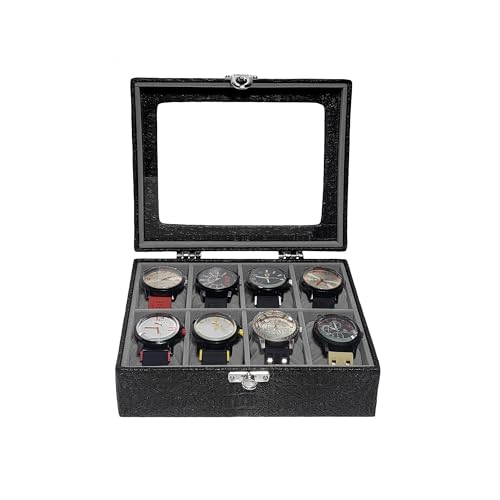 Estojo Para 8 Relógios Com Vidro Preto Com Interno Aveludado Cinza Caixa Maleta Porta Relógio