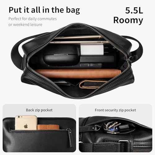 Men’s Genuine Leather Crossbody Shoulder Bag – First Layer Cowhide Messenger Bag with Adjustable Strap, Lightweight Small Satchel Fits Phone, Wallet, Keys, Black4