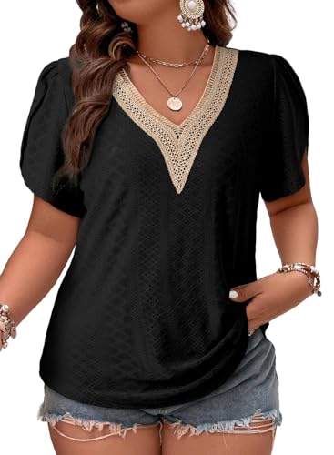 Eytino Womens Plus Size Tops Lace V Neck Petal Short Sleeve Blouse Eyelet Hollow Dressy Casual T Shirts(1X-5X)