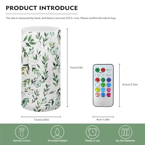 Image of LED Flickering Candles Battery Operated Fake Candle with Remote Control Timer Flickering Wick Pillar Candles Home Bathroom Bedroom Indoor Outdoor Decoration, Green Leaf Butterfly