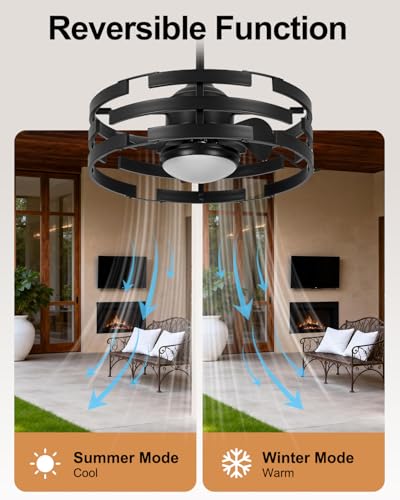 Image of Roomratv 20 inch Outdoor Ceiling Fan with Light, Black Caged Ceiling Fan with Remote,Modern Enclosed Hanging Fan,IP65 Waterproof Plug in Fan for Gazebos, Patios and Porches