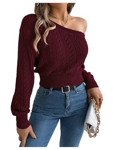 SOLY HUX Sweaters for Women Off The Shoulder Long Sleeve Hollow Out Knit Pullover Sweater Tops