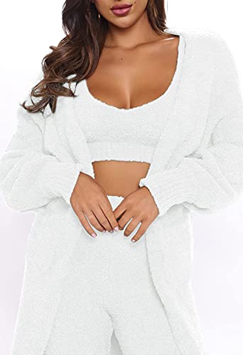 Image of Fixmatti Women's Fuzzy 3 Piece Sweatsuit Open Front Cardigan Crop Tank Tops Wide Legs Pants Lounge Sets