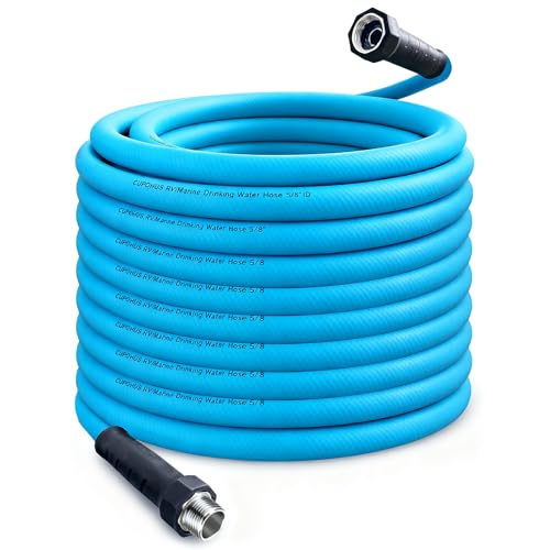Image of Cupohus RV Water Hose 100FT 5 /8''ID Potable Food Drinking Water Hose | Camper Water Hose, Potable Food Grade Hose with Storage Strap, Strain Relief Ends, Kink-Resistant, Marine, Car, Garden, Blue
